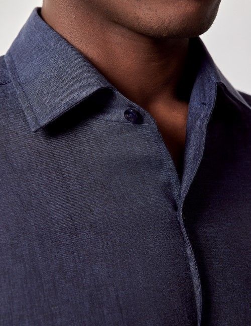 Navy Pure Linen Slim Shirt - One Piece Collar - Full Cutaway-preview