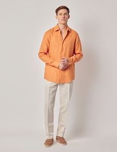 Orange Pure Linen Slim Shirt - One Piece Collar - Full Cutaway-preview5