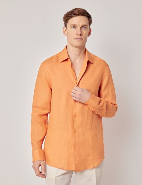 Orange Pure Linen Slim Shirt - One Piece Collar - Full Cutaway