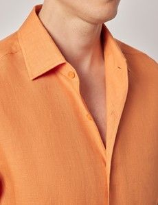 Orange Pure Linen Slim Shirt - One Piece Collar - Full Cutaway-preview1