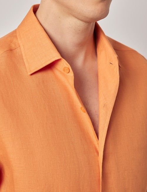 Orange Pure Linen Slim Shirt - One Piece Collar - Full Cutaway-preview