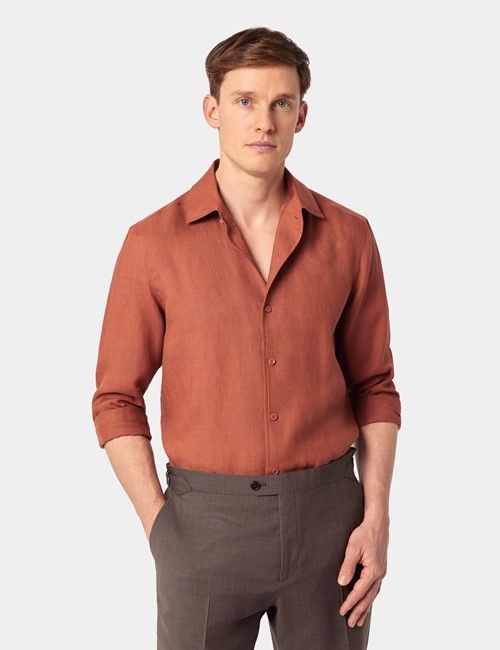 Rust Pure Linen Slim Shirt - One Piece Collar - Full Cutaway