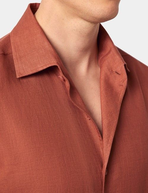 Rust Pure Linen Slim Shirt - One Piece Collar - Full Cutaway-preview