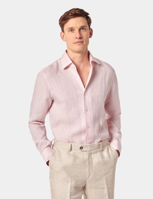 Pink Pure Linen Slim Shirt - One Piece Collar - Full Cutaway
