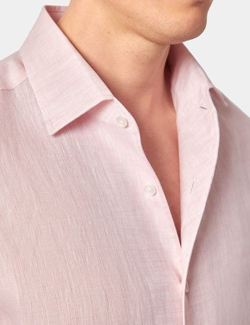 Pink Pure Linen Slim Shirt - One Piece Collar - Full Cutaway-preview