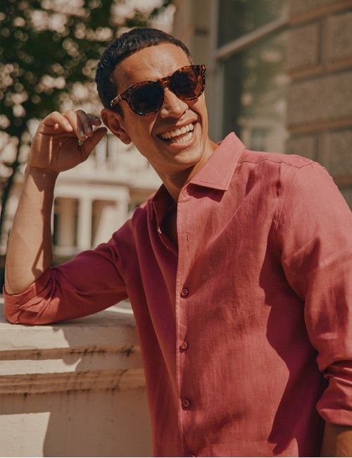 Washed Red Pure Linen Slim Shirt - One Piece Collar - Full Cutaway-preview
