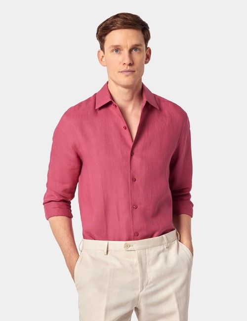 Washed Red Pure Linen Slim Shirt - One Piece Collar - Full Cutaway