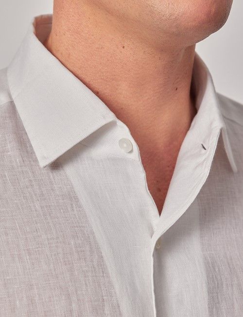 White Pure Linen Slim Shirt - One Piece Collar - Full Cutaway-preview
