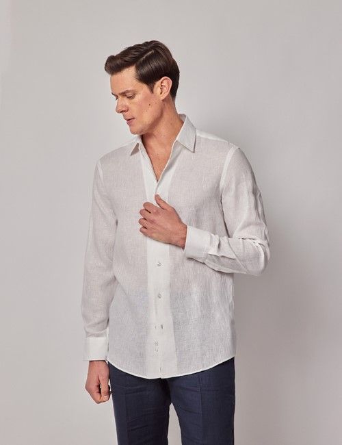 White Pure Linen Slim Shirt - One Piece Collar - Full Cutaway