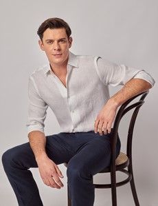 White Pure Linen Slim Shirt - One Piece Collar - Full Cutaway-preview6