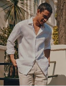 White Pure Linen Slim Shirt - One Piece Collar - Full Cutaway-preview1