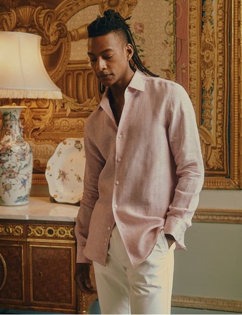 Dusky Pink Pure Linen Slim Shirt - One Piece Collar - Full Cutaway-preview