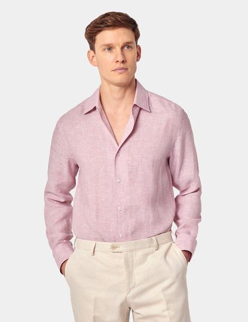 Dusky Pink Pure Linen Slim Shirt - One Piece Collar - Full Cutaway