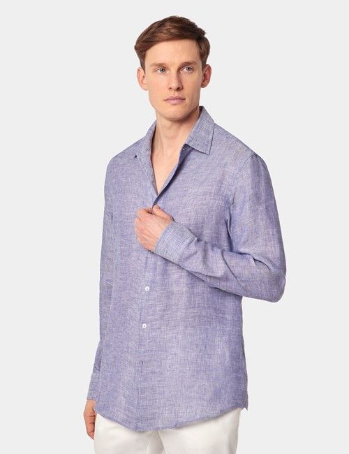 Denim Blue Pure Linen Slim Shirt - One Piece Collar - Full Cutaway