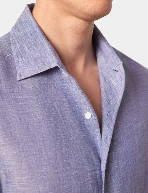 Denim Blue Pure Linen Slim Shirt - One Piece Collar - Full Cutaway-preview