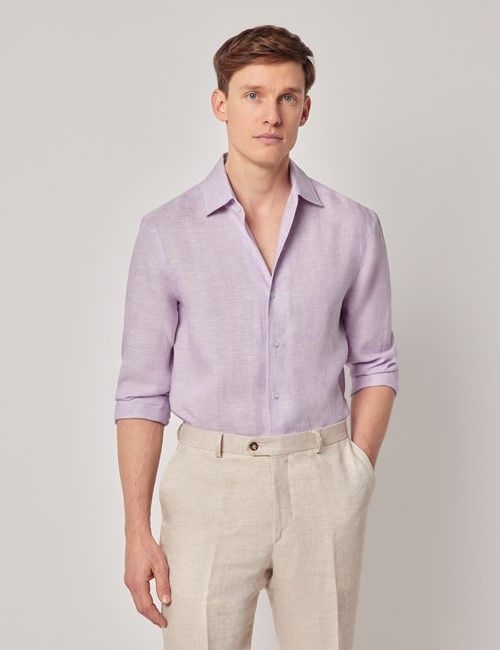 Dusty Lilac Pure Linen Slim Shirt - One Piece Collar - Full Cutaway
