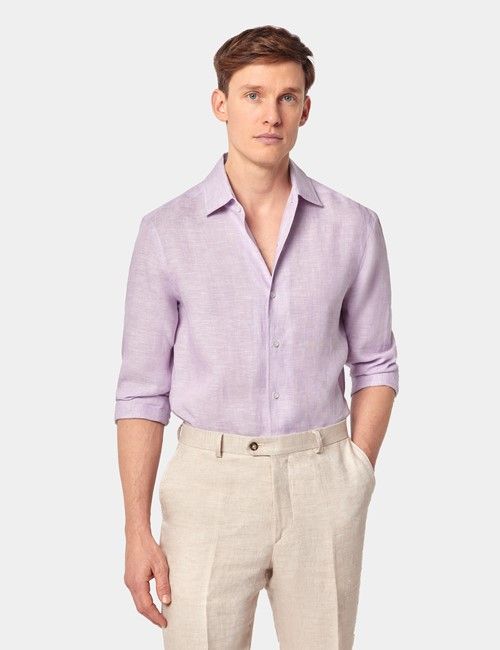 Dusty Lilac Pure Linen Slim Shirt - One Piece Collar - Full Cutaway
