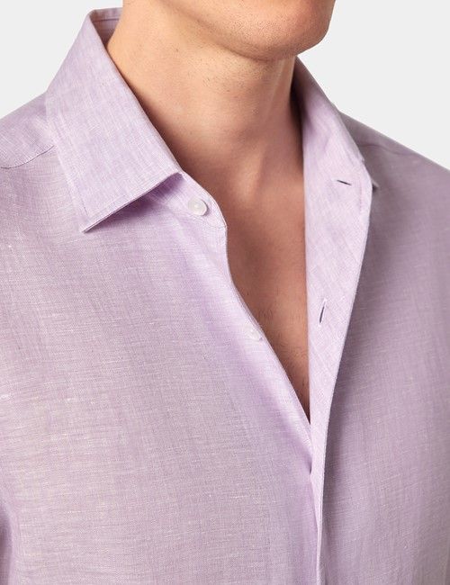 Dusty Lilac Pure Linen Slim Shirt - One Piece Collar - Full Cutaway-preview