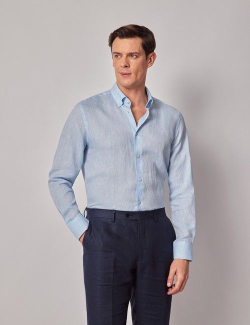 Light Blue Pure Linen Slim Shirt – Button Down Collar