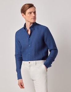 Marine Blue Pure Linen Slim Shirt – Button Down Collar