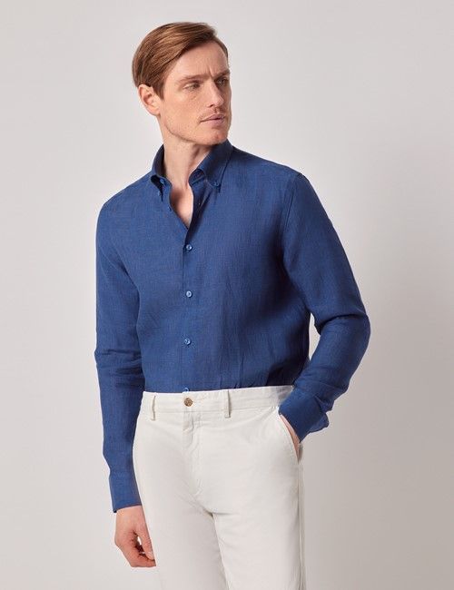 Marine Blue Pure Linen Slim Shirt – Button Down Collar