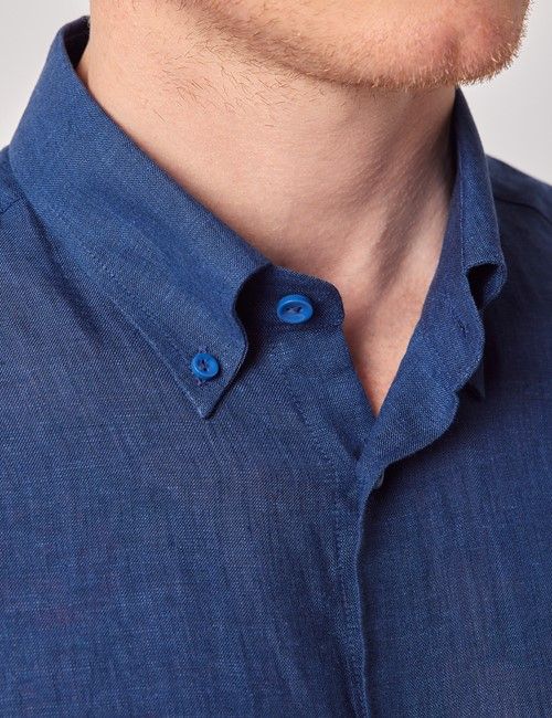 Marine Blue Pure Linen Slim Shirt – Button Down Collar-preview