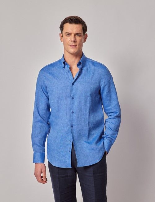 Mid Blue Pure Linen Slim Shirt – Button Down Collar