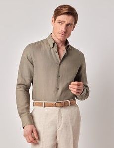 Khaki Pure Linen Slim Shirt – Button Down Collar
