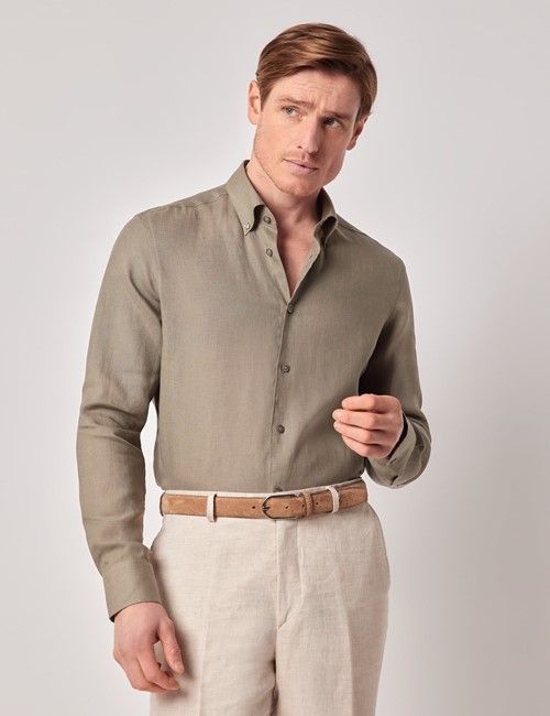 Khaki Pure Linen Slim Shirt – Button Down Collar