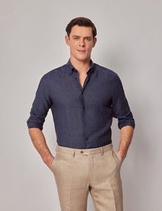 Navy Pure Linen Slim Shirt – Button Down Collar