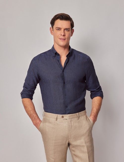 Navy Pure Linen Slim Shirt – Button Down Collar