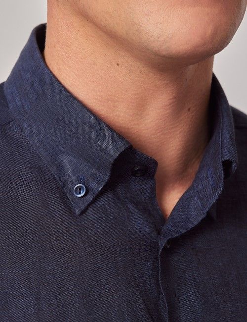 Navy Pure Linen Slim Shirt – Button Down Collar-preview