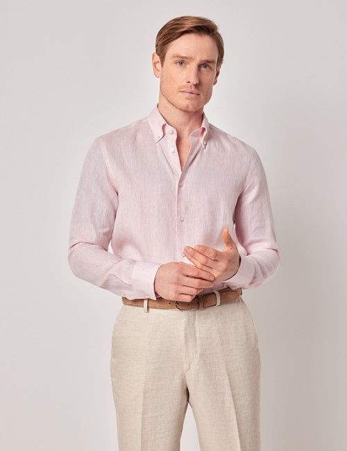 Pink Pure Linen Slim Shirt – Button Down Collar