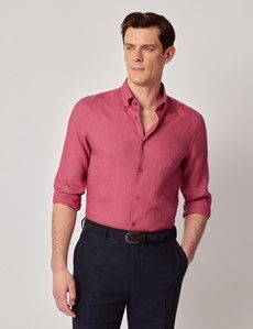 Washed Red Linen Slim Shirt - Button Down Collar
