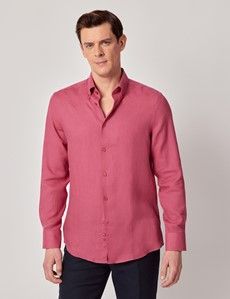 Washed Red Linen Slim Shirt - Button Down Collar-preview3