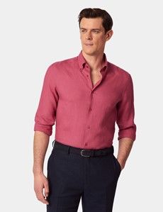 Washed Red Linen Slim Shirt - Button Down Collar
