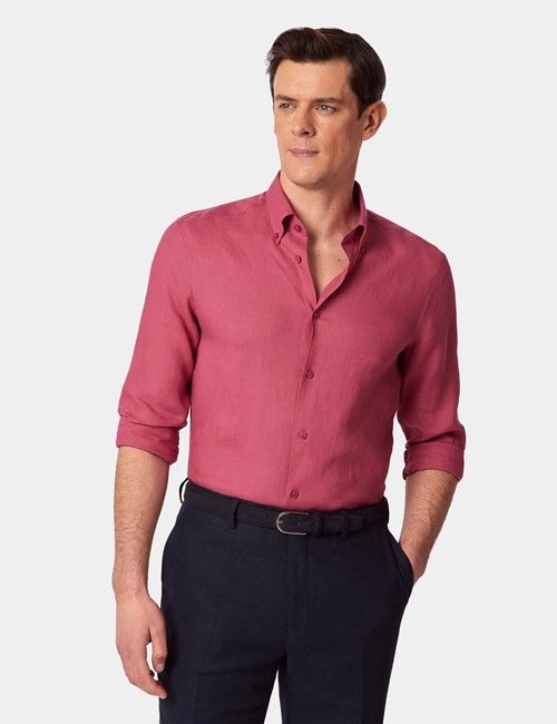 Washed Red Linen Slim Shirt - Button Down Collar