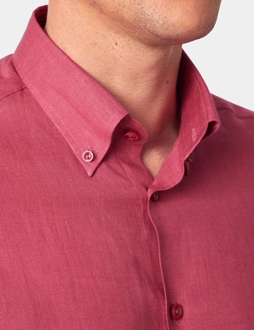 Washed Red Linen Slim Shirt - Button Down Collar-preview