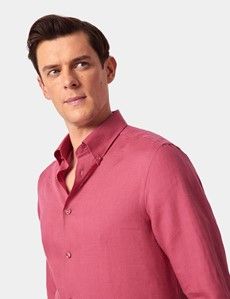 Washed Red Linen Slim Shirt - Button Down Collar-preview2