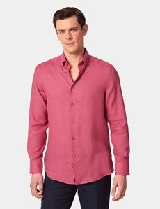 Washed Red Linen Slim Shirt - Button Down Collar-preview3