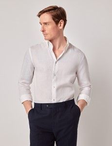 White Pure Linen Slim Shirt – Button Down Collar