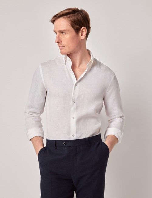 White Pure Linen Slim Shirt – Button Down Collar