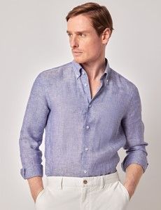 Blue Pure Linen Slim Shirt – Button Down Collar-preview2