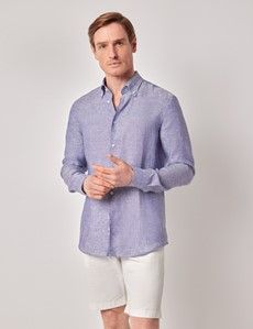 Blue Pure Linen Slim Shirt – Button Down Collar-preview3