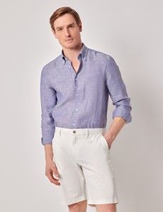 Blue Pure Linen Slim Shirt – Button Down Collar