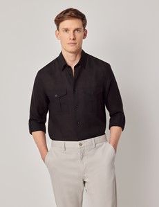 Black Pure Linen Slim Safari Shirt