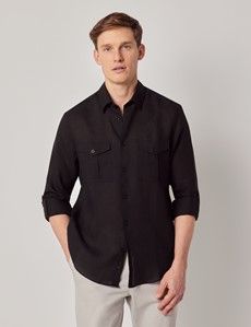 Black Pure Linen Slim Safari Shirt-preview4