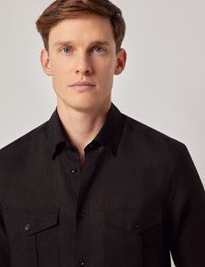 Black Pure Linen Slim Safari Shirt-preview2
