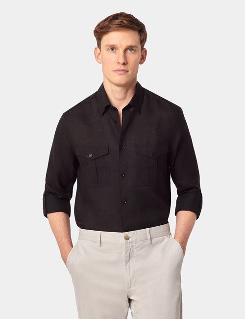 Black Pure Linen Slim Safari Shirt