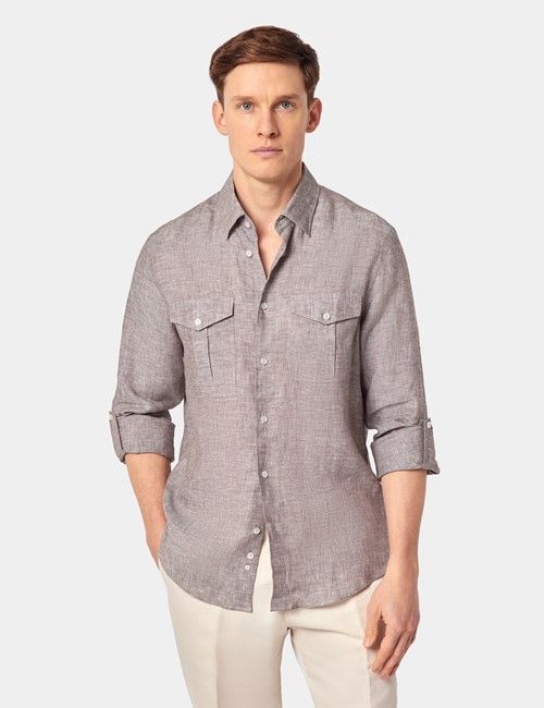 Brown Pure Linen Slim Safari Shirt